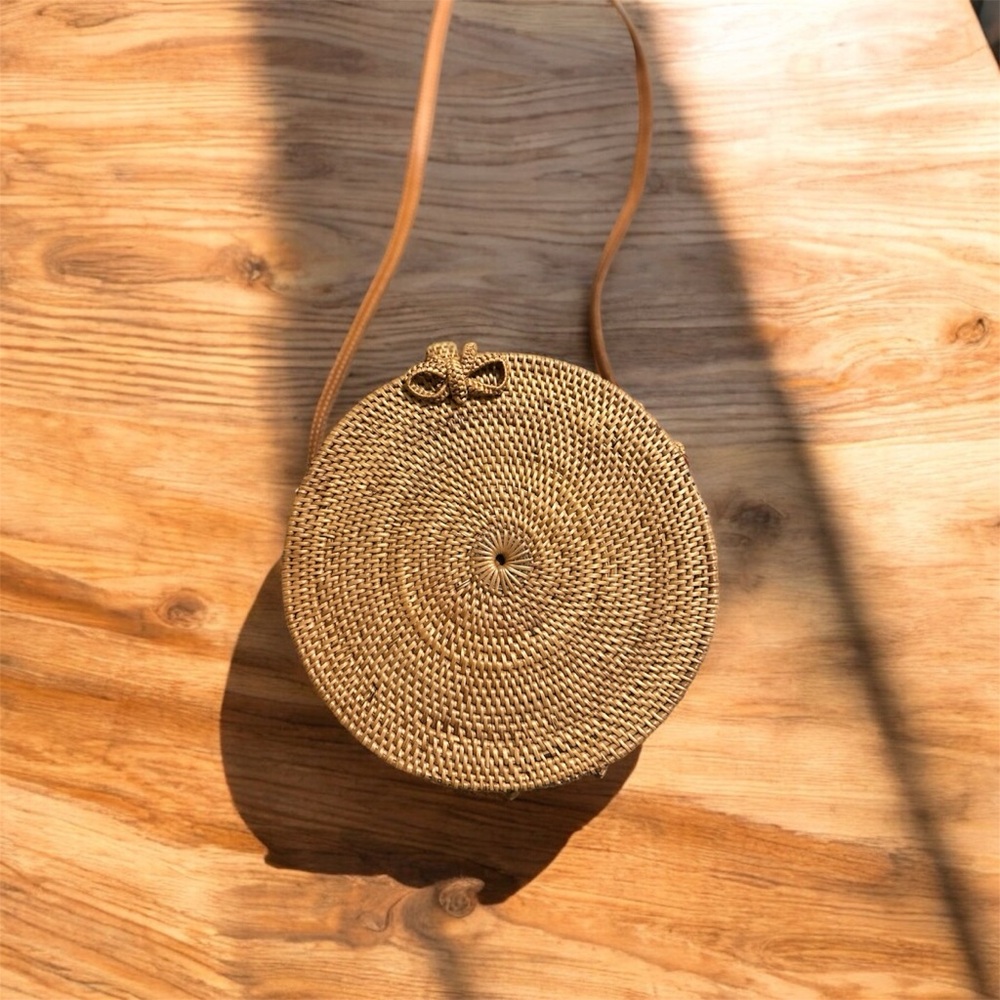 Round Woven Tan Crossbody Canteen Bag